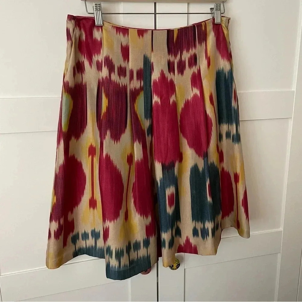 Lauren Ralph Lauren Ikat 100 % silk A-Line Skirt in Red, Teal, Yellow, Cream